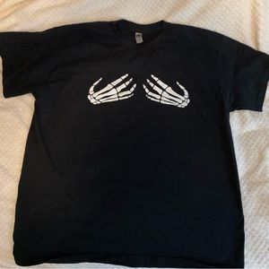 Halloween funny t-shirt, skeleton hands on chest
